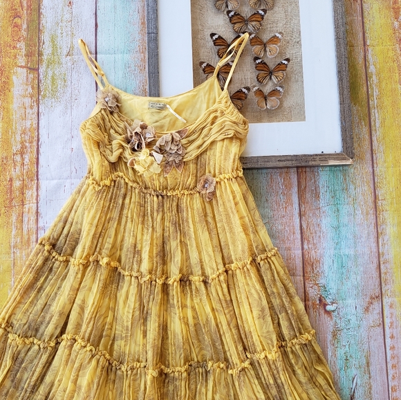 Max Studio Mustard Silk Floral Ruffle Tiered Dress - Picture 2 of 7